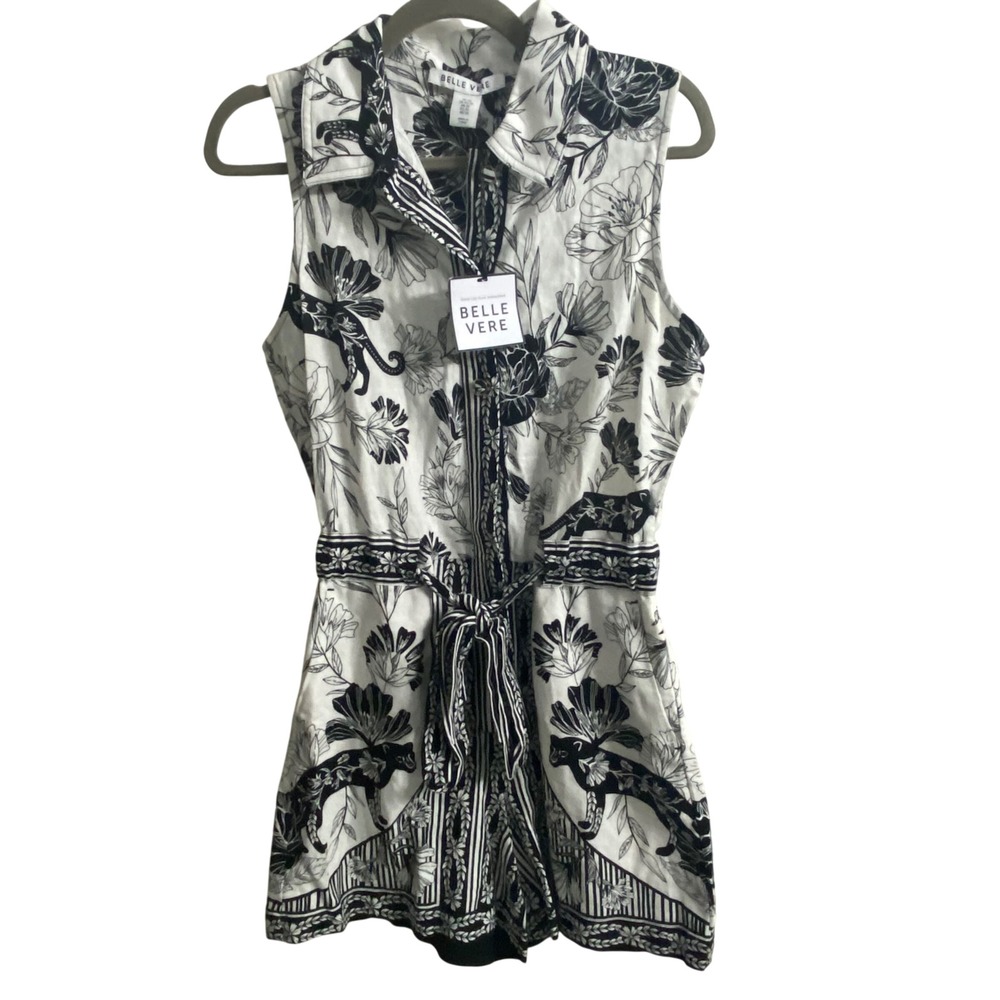 Belle Vere Linen Blend Leopard Floral Romper Black White Sleeveless XS New